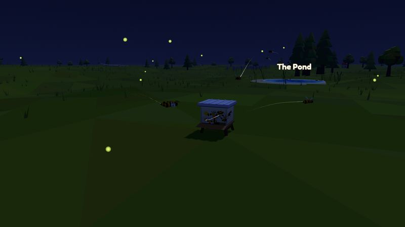 The hive at night with fireflies