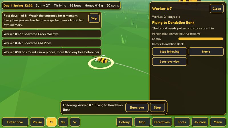 The game following Worker number 7 as she flies to Dandelion Bank, with a card showing her age, personality, energy and what she knows